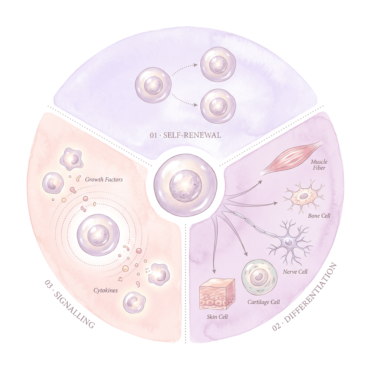 Tri-segment infographic showing the three core properties of stem cells: self-renewal, differentiation, and signalling, illustrated as a circular pie chart